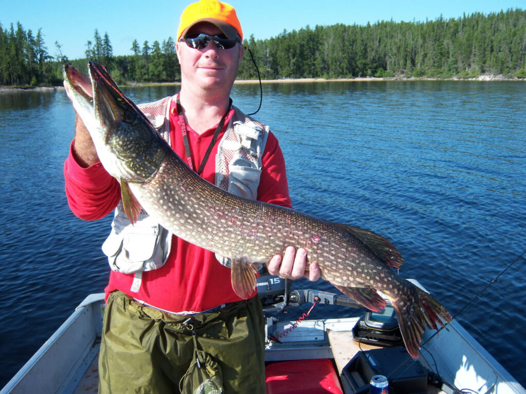 man holding pike on ogoki reservoir